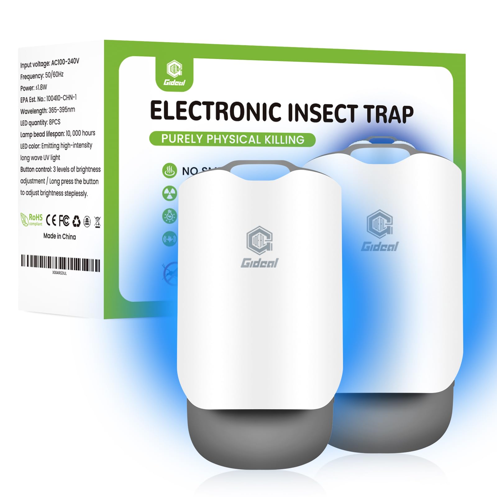 Gideal Fliegende Insektenfalle Innen Plug in Bug Light Catcher Insektenvernichter Mücken Mücken Weiß (2Gerät + 10 Klebekarten)