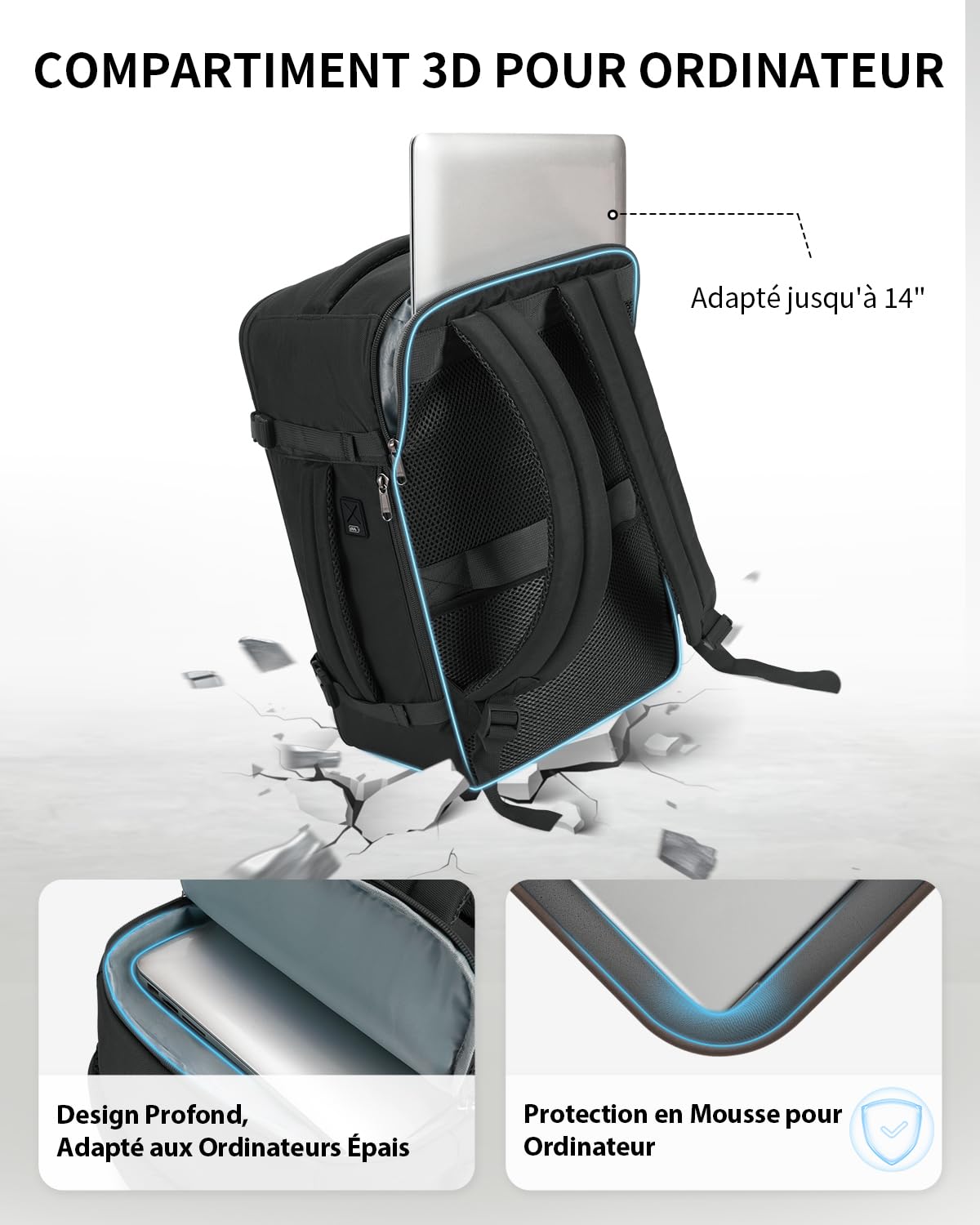 ECOHUB Sac a Dos Voyage Cabine Avion 45x36x20 pour Easyjet Bagage Cabine avec 3 Poches Zippées Cachées Bagage à Main Homme Sac à Dos pour Ordinateur 15.6 Pouces, Sac Cabine sous Siège, Noir, 30L