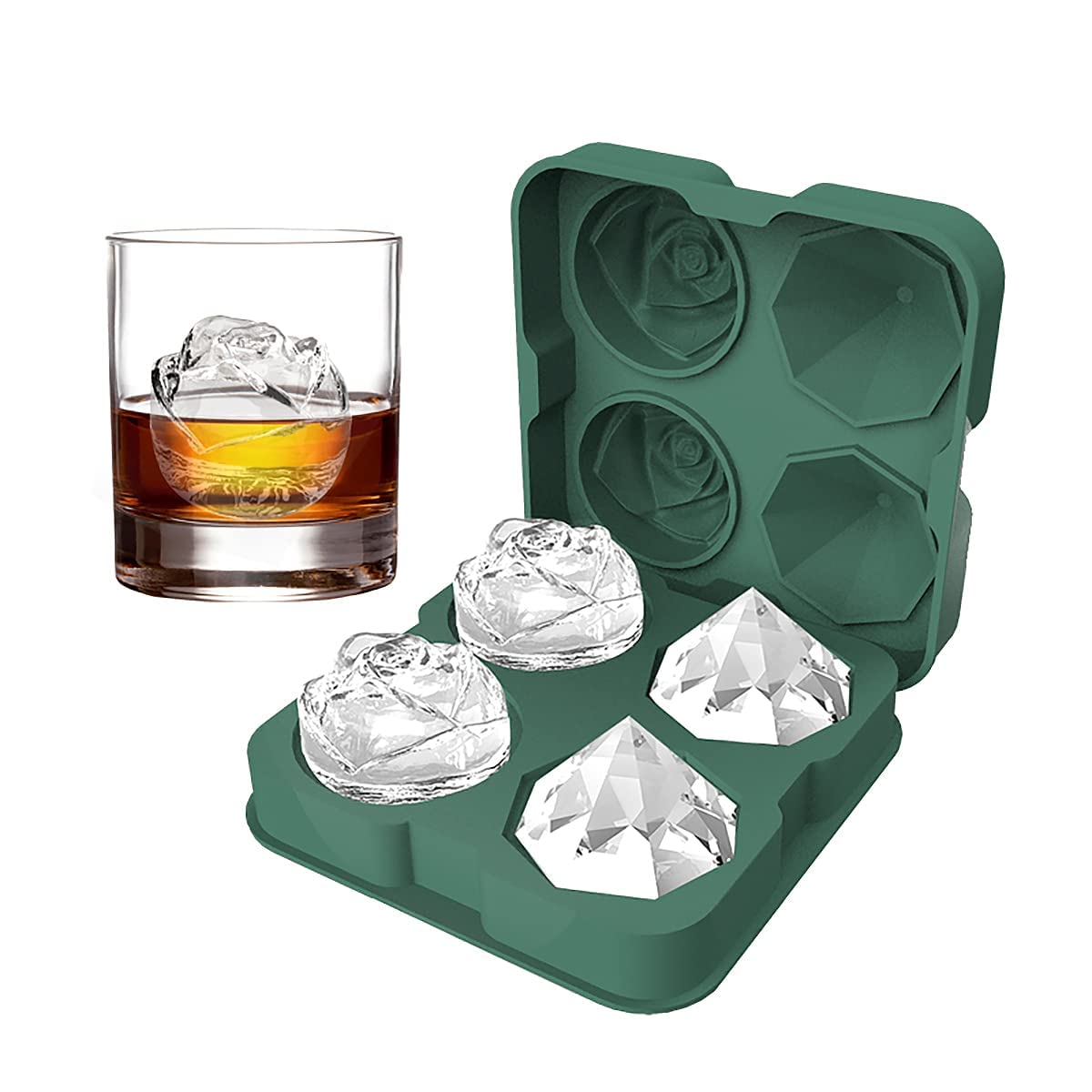 Ice Cube Tray, 2.5inch Ice Cube Molds, 2 Cavity Silicone Rose & 2 Diamond Ice Ball Maker, Easy Release Large Ice Cube Form, Cute and Fun Shape Multipurpose Molds, Great for Parties and Events(Green)