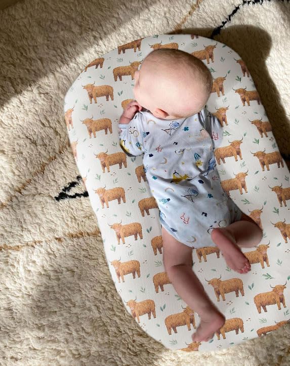 Image of Little Jump 2 Pack Baby Lounger Cover, Stretchy and Soft Newborn Lounger Cover, Infant Lounger Slipcover for Boys Girls, Covers Only Western Highland Cows (Neutal Highland Cows)