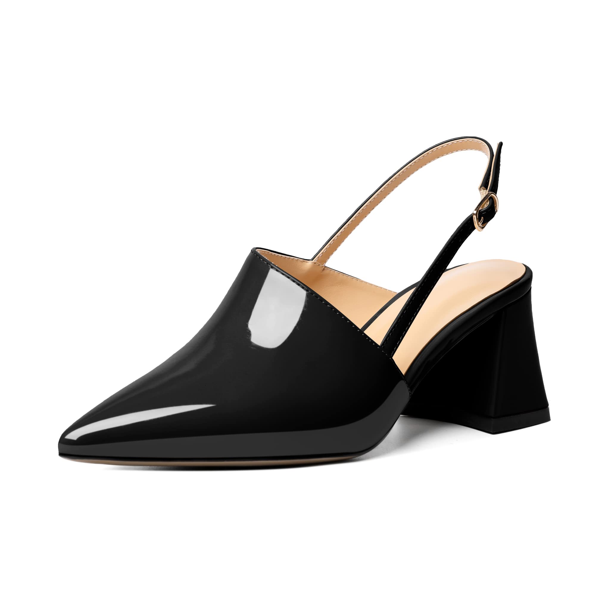AUMOTED Women's Slingback Block Heels Pointed Closed Toe Patent Solid Mid Heel Pumps Chunky Dating Party Dress Shoes 2.5 Inch