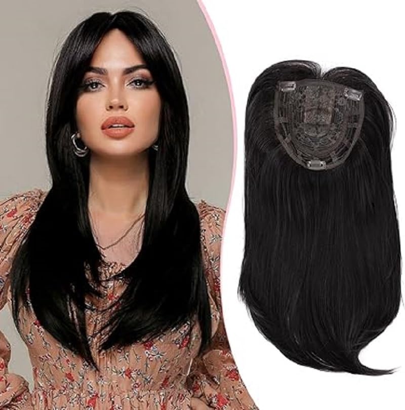 Clip in Synthetic Hair Topper with Bangs for Thinning Hair, Long Wavy Hair Extensions Top Wiglet Hairpieces for Women with Thinning Hair (18 inch, Black)