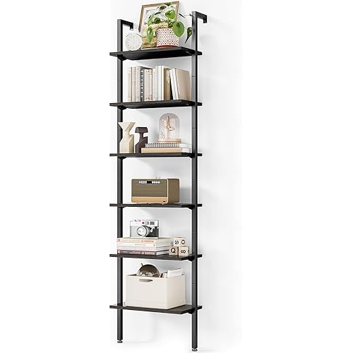 ODK 6-Tier Ladder Bookcase, Industrial Storage Shelf with Metal Frame for Living Room, Home Office, Kitchen & Bedroom, Space Saving Freestanding Organizer Rack, Black (8" D x 16" W x 87" H)