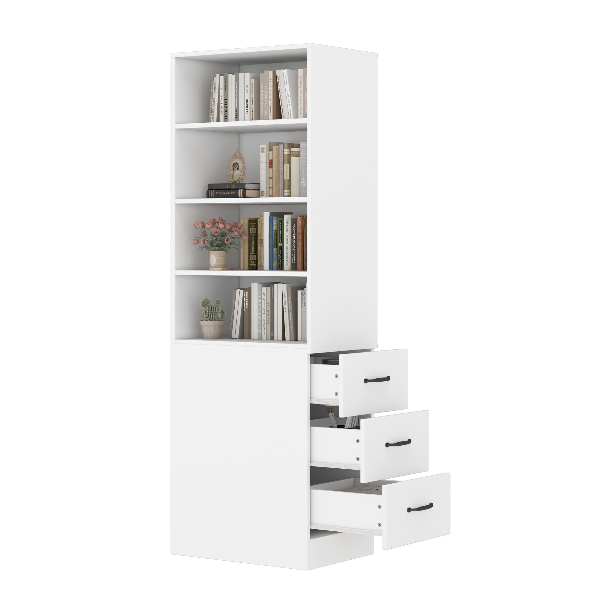 Estantería de 180 cm de altura extra estrecha con cajones laterales – estantes ajustables, intercambiable a izquierda y derecha, adecuada para espacios pequeños, aparador, salón, estantería alta