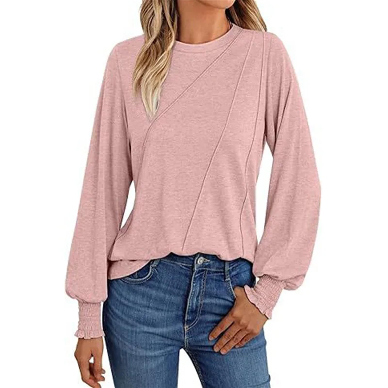 Camiseta holgada de manga larga con cuello redondo para mujer, color liso, plisada, casual