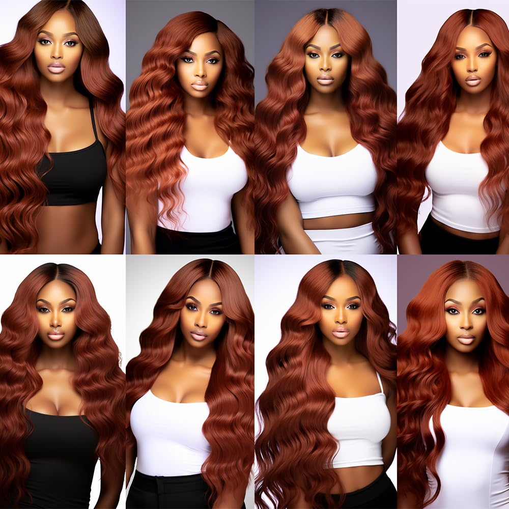 Color 33 Auburn Body Wave Bundles Human Hair Copper Red Wet and Wavy Bundles Double Weft Brazilian Hair Extensions Silky and Soft for Black Women (12 14 16 inch 3 Bundles)
