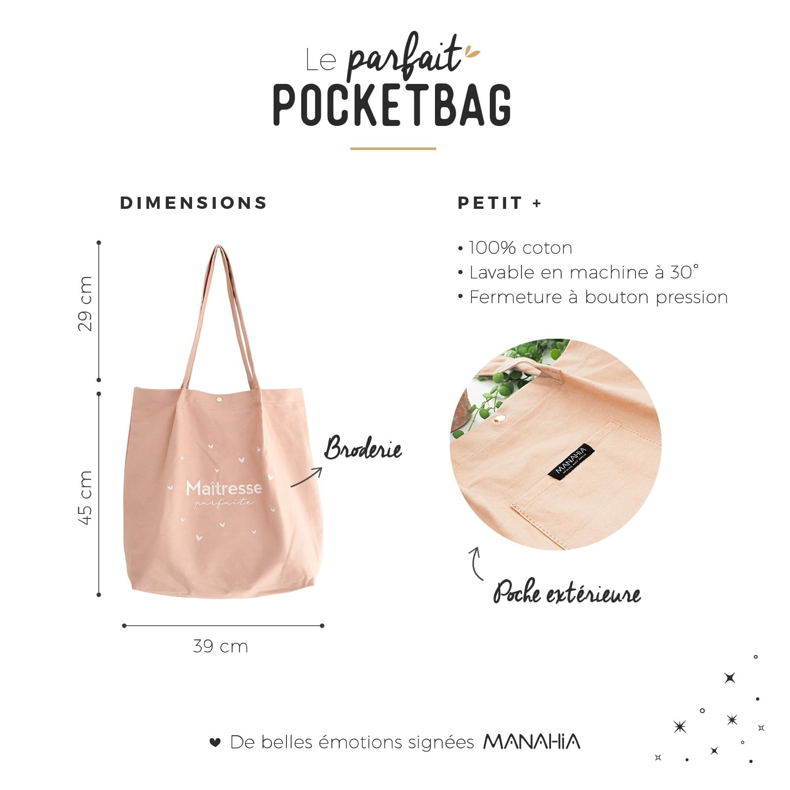 Manahia Tote Bag Maîtresse Parfaite - Idée Cadeau fin d'année scolaire & Noël - Sac Institutrice Brodé - Cabas 100% Coton avec Poche - Merci Maîtresse