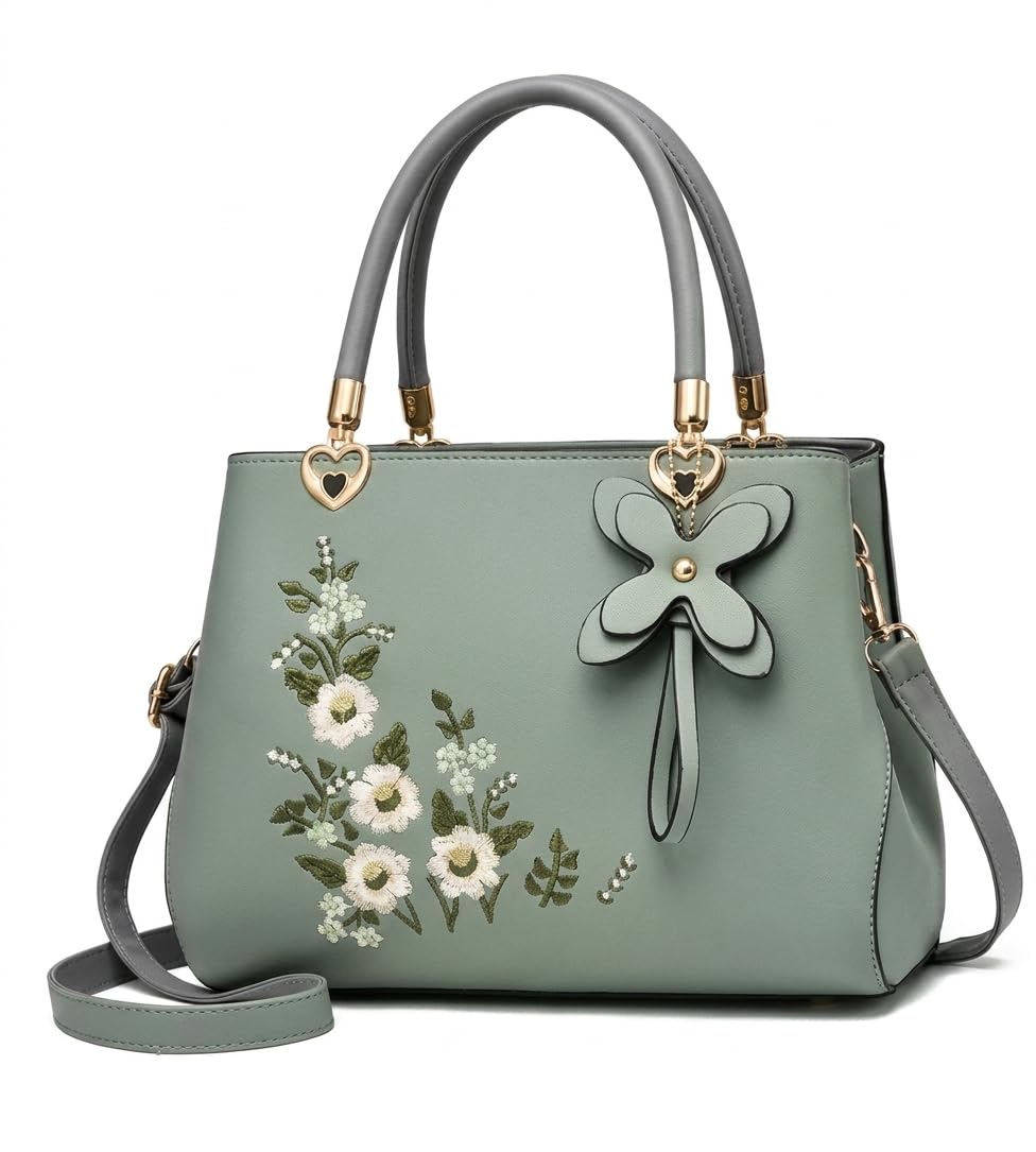 Women's Beautiful Green Handbag with Floral Embroidery and Top Handle-image-11