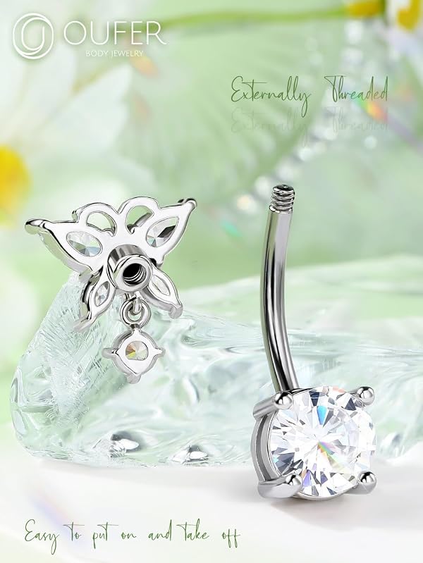 OUFER Belly Button Rings, Butterfly Belly Rings, 316L Surgical Steel Navel Rings, Clear CZ Belly Piercing Jewelry, Dangle Belly Rings For Women Men by OUFER - Used condition - Image 5