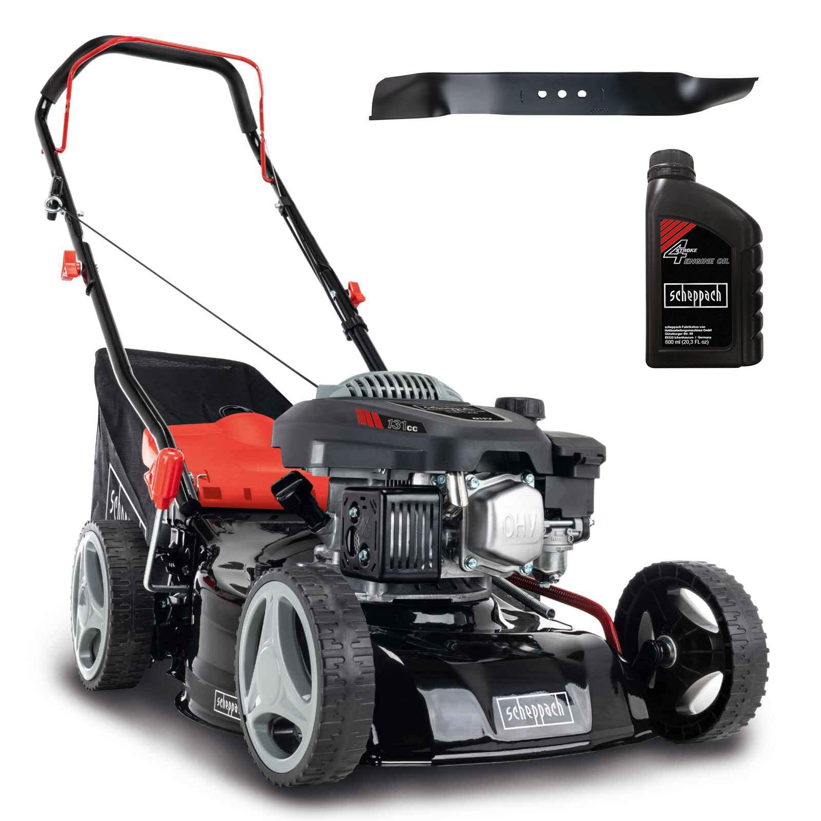 Scheppach Benzin Rasenmäher MP132-42 | Schnittbreite 42cm | 3,3 PS | Stahlgehäuse | Reinigungsfunktion | 45 Liter Fangkorb | Höhenverstellung in 7 Stufen (25-75mm) | inkl. Motoröl & Ersatzmesser