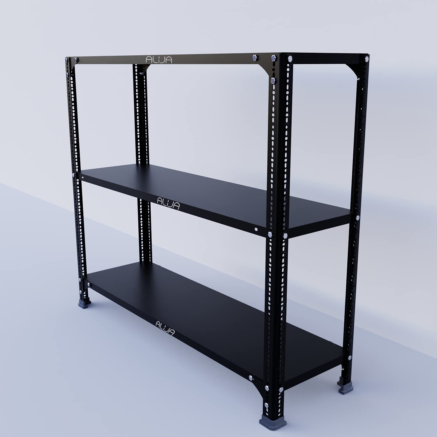 alija®️ slotted angle metal rack (3 x 3.5 x 1 ft. / 36 x 41 x 12 inch) with 3 shelves storage rack unit (black, 24 gauge shelves 18 gauge angle)
