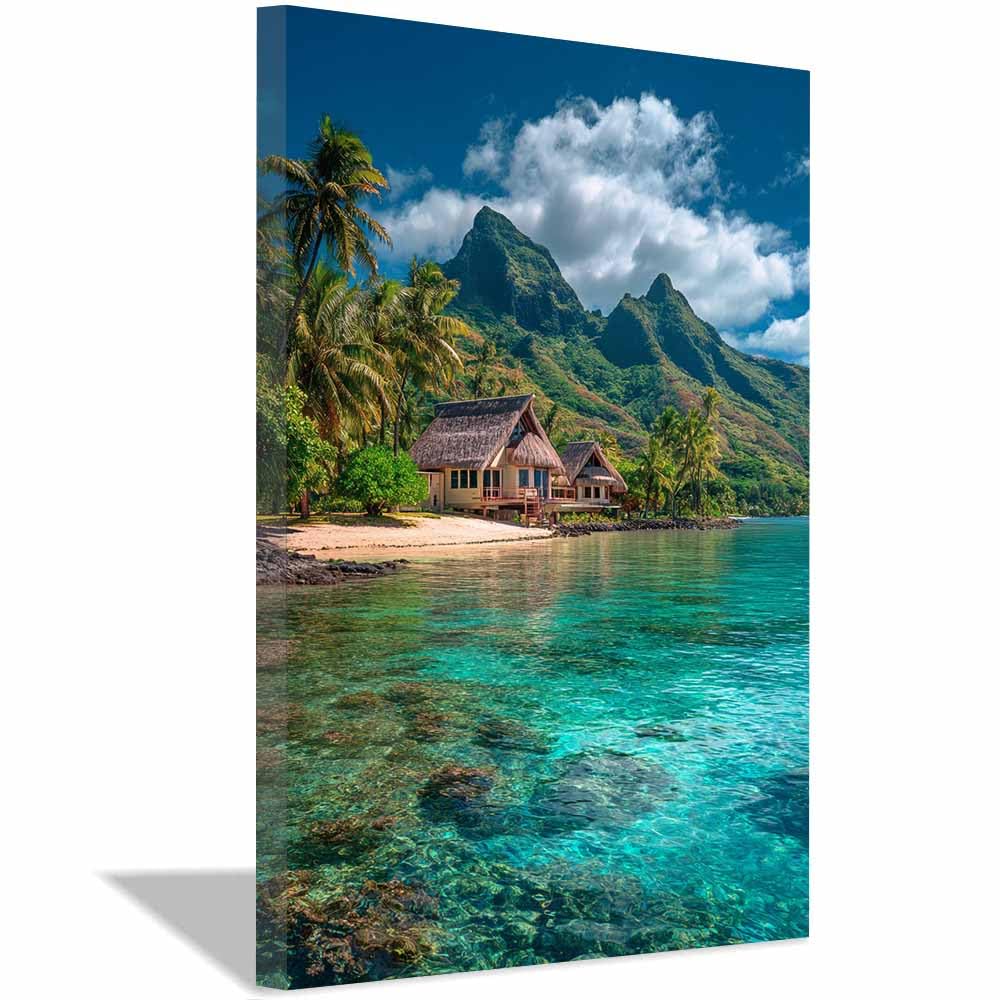 HOQIU Landscape wall art Tropical Island Bungalow canvas art, art print, house decor, bedroom wall decor above bed, prints for living room.(Multicolor)-60x80cm Framed