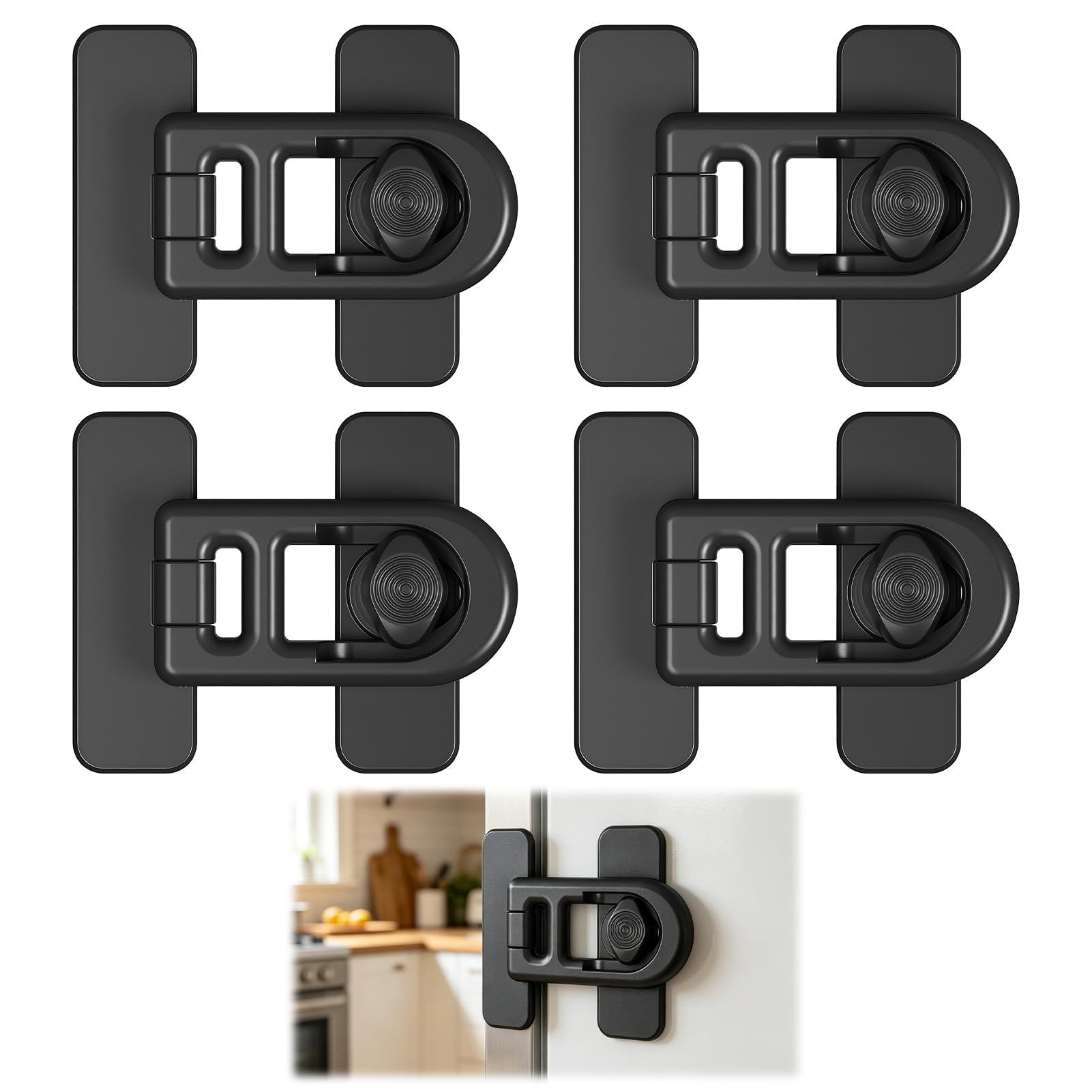 4 Pack Baby Proof Black Cupboard Locks, Child Safety Fridge Locks with Adhesive, ABS Cabinet Lock for Drawers & Appliances, No Drilling Required