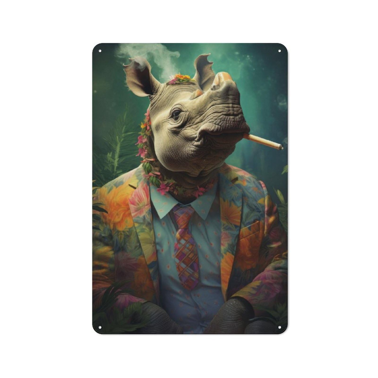 Junmoney Hippie Rhino Smoking Classic Metal Wall Decor 30X20cm, Metal Wall Plaque For Office, Study, Studio Or Hallway