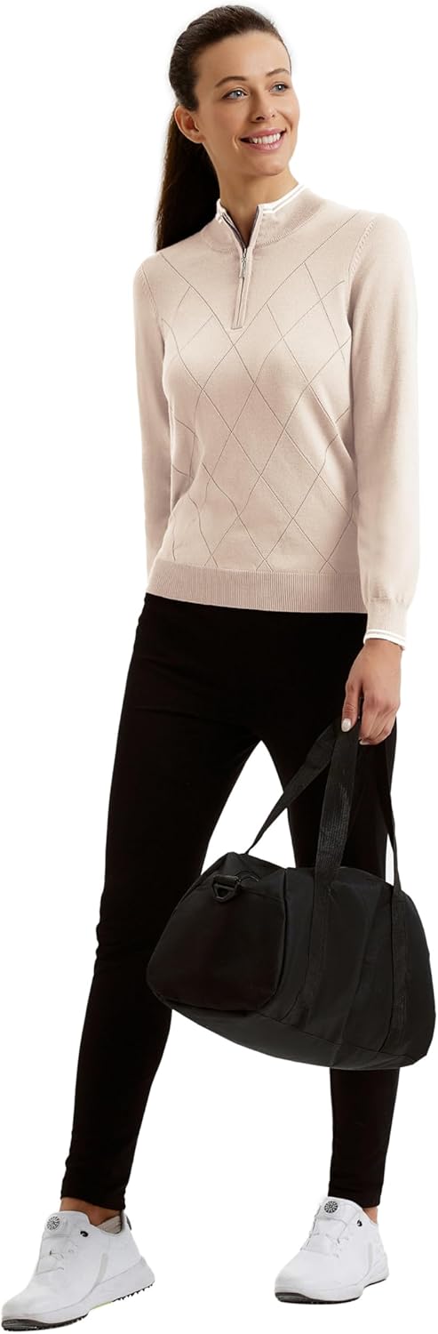 JACK SMITH Pullover Sweaters for Women Long Sleeve Argyle Quarter Zipper Collar Polo Sweater Ribbed Knit Golf Tops - Image 9