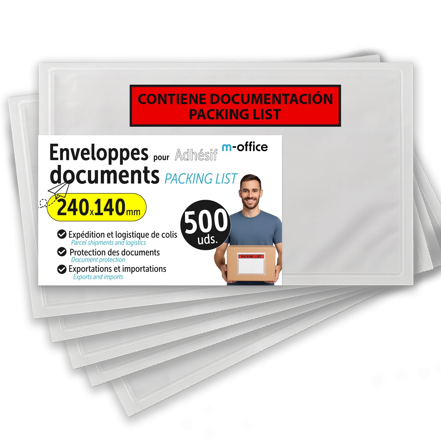 Pochettes Porte-Documents Adhésives 240x140mm, Packing List, Enveloppes Transparentes pour Expéditions, Factures, Bons de Livraison, Résistantes à l’Eau avec Forte Adhésion – m-office (500 pcs)