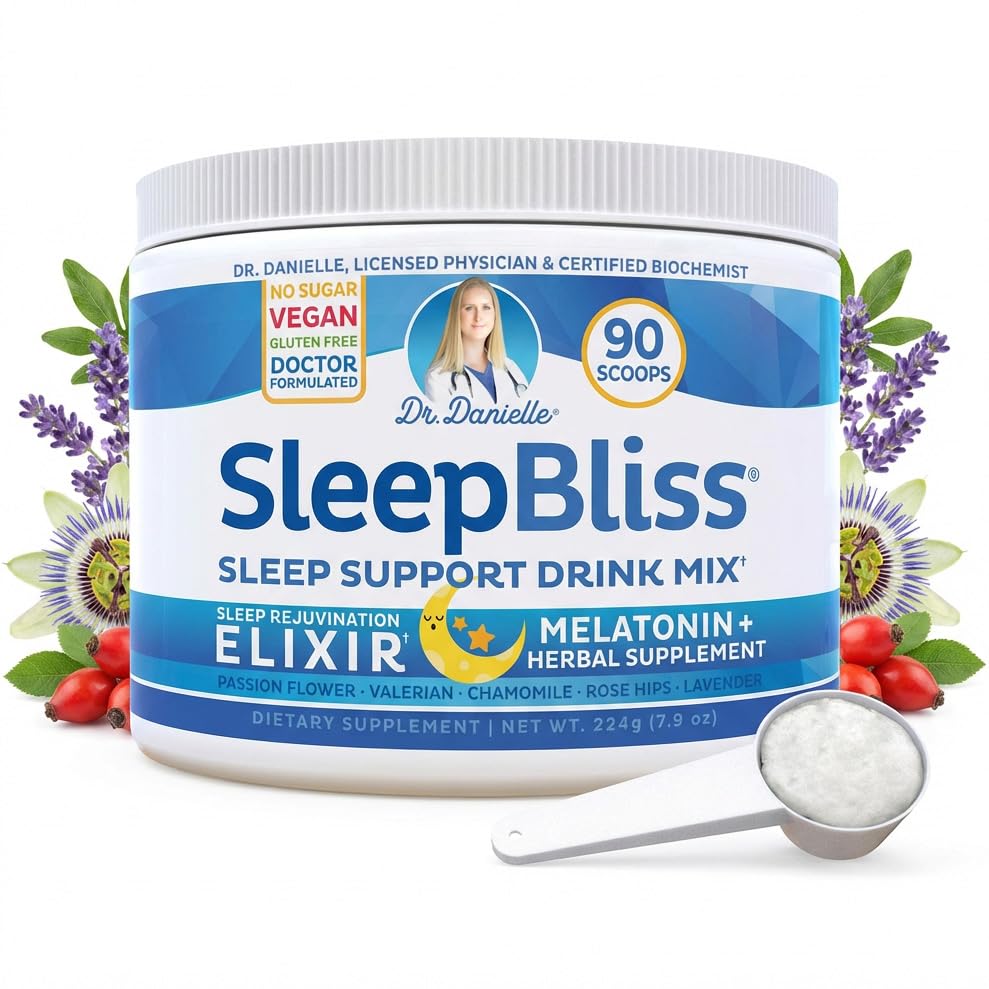 SleepBliss Nighttime Drink Mix – Melatonin, Magnesium, L-Theanine & Herbal Blend – Calming Nighttime Support Powder – Lavender & Chamomile – 30 Servings