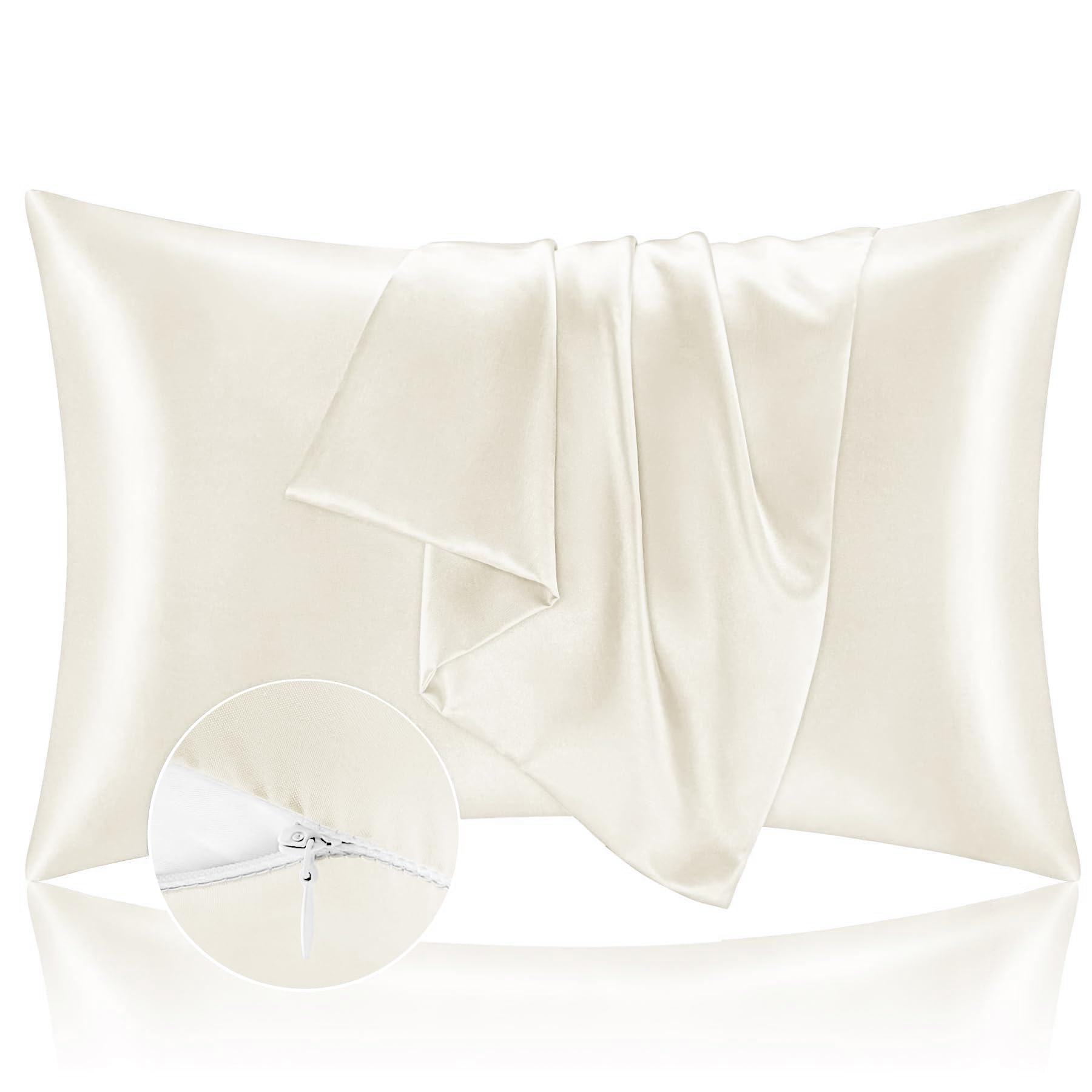 Pillow Cases Bed 50 x 90 cm Satin – Silky Pillowcase Protect Skin and Hair – OEKO-TEX – Super Soft and Hypoallergenic – Pillowcase 2 Pieces with Beige Zipper