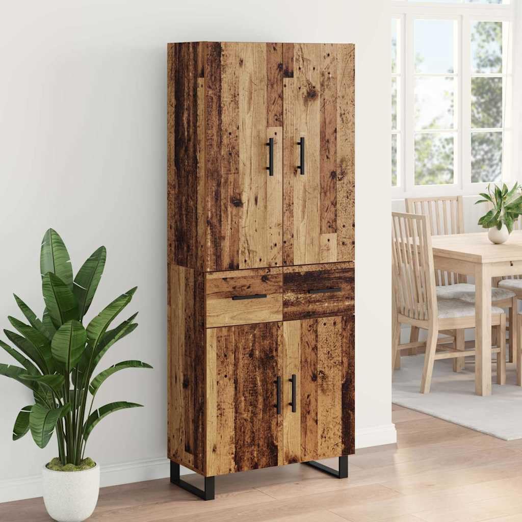 Meuble haut avec tiroirs et portes en bois vieilli, 69,5 x 34 x 180 cm, buffet moderne avec espace de rangement, étagère et étagère pour salon, salle à manger, couloir, cuisine, bureau