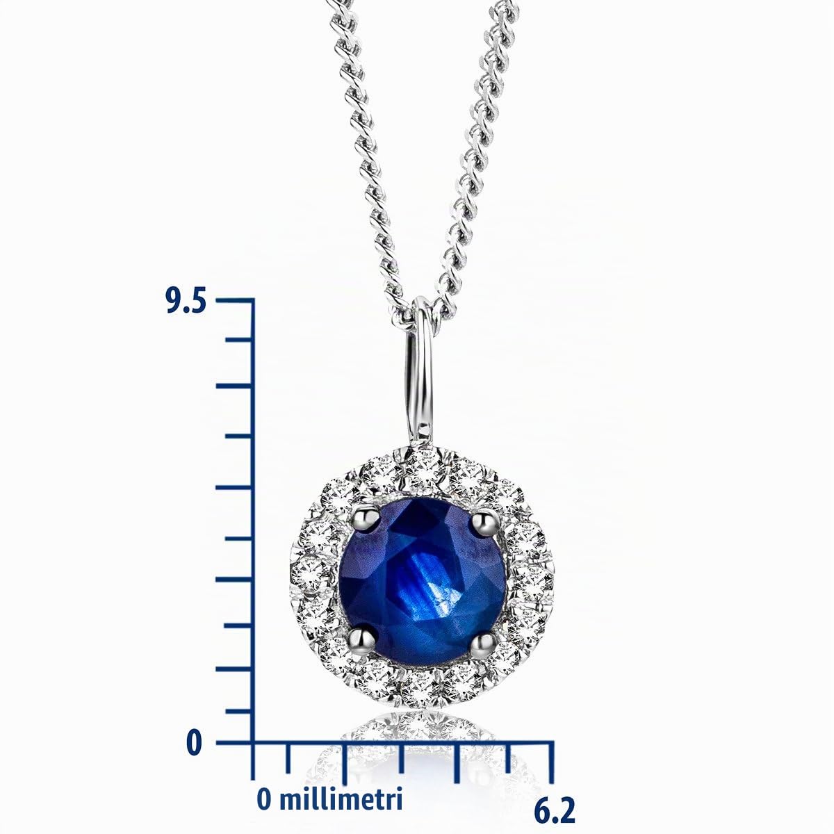 MIORE Collana da donna in oro bianco 9 kt (375) con zaffiro 0,34 carati e diamanti 0,05 ct ciondolo su catena barbazzale 45 cm, Oro Bianco, Diamanti, Zaffiro