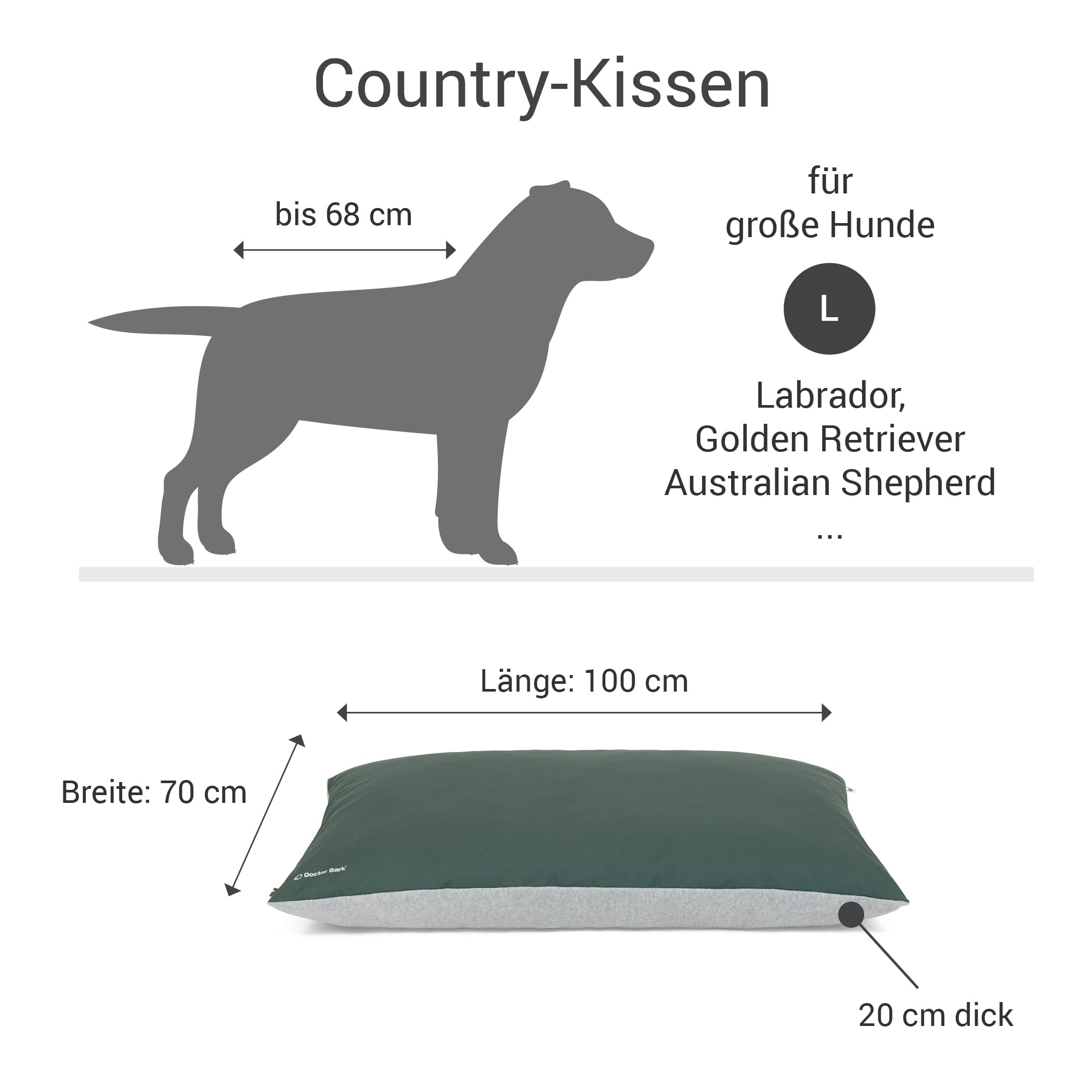 Doctor Bark Country Hundekissen Große Hunde Waschbar - Hundebett Weich - Liegekissen Kuschelig Pflegeleicht - GreenLabel (Country-Kissen - L, Grün)