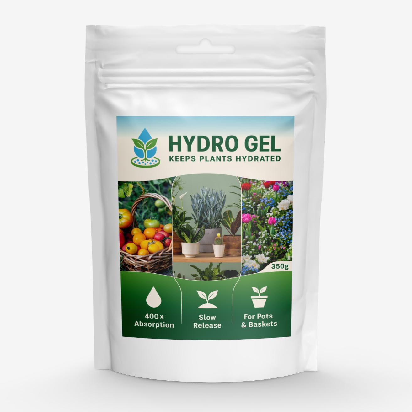 HYDRO GEL Water Retaining Crystals, 350g, Slow Release, 400x Absorption, for Pots, Baskets, Containers and Garden Beds