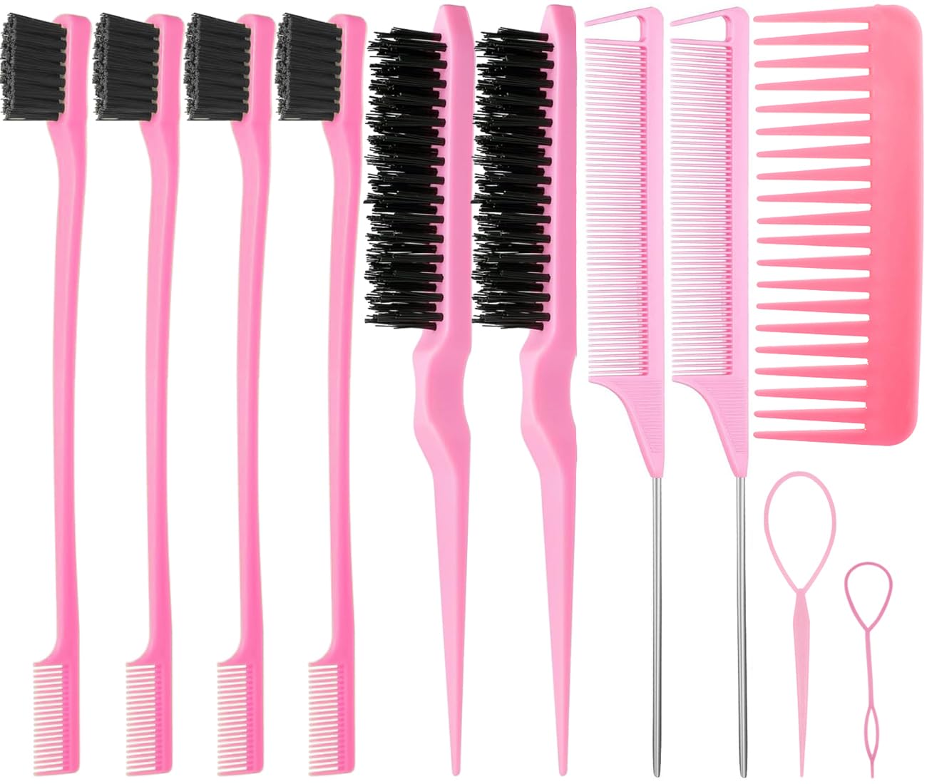 11Pcs Edge Brush Set with 4pcs Edge Brush 1pcs Wide Tooth Comb 2pcs Bristle Teasing Hair Brush 2pcs Rat Tail Comb 2pcs Topsy Hair Tail Tools Pink Hair Accessories for Girls,Christmas Gift Ideas.