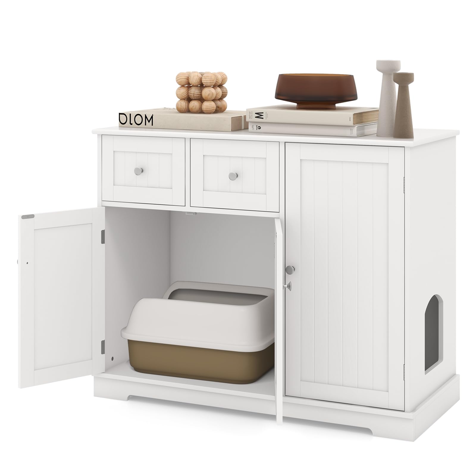 SOARS Maison de Toilette Chat, Mobile per Lettiera per Gatti con 2 Cassetti, 3 Ante e Ingresso Laterale e Dispositivo Anti-Rovesciamento, per Interni, 100 X 45 X 80 CM, Bianco