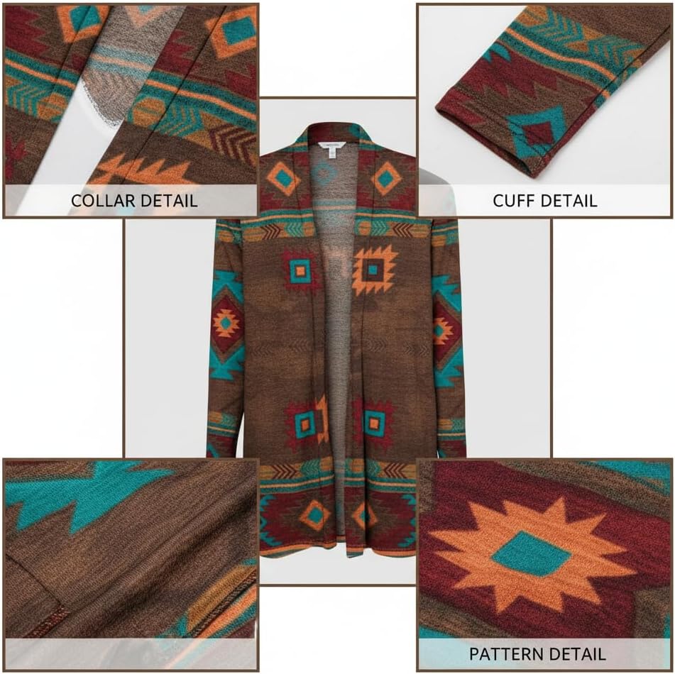 Women's Boho Aztec & Paisley Printed Open Front Cardigan, Long Sleeve Multicolor Ethnic Pattern Casual Layering Jacket - Image 6