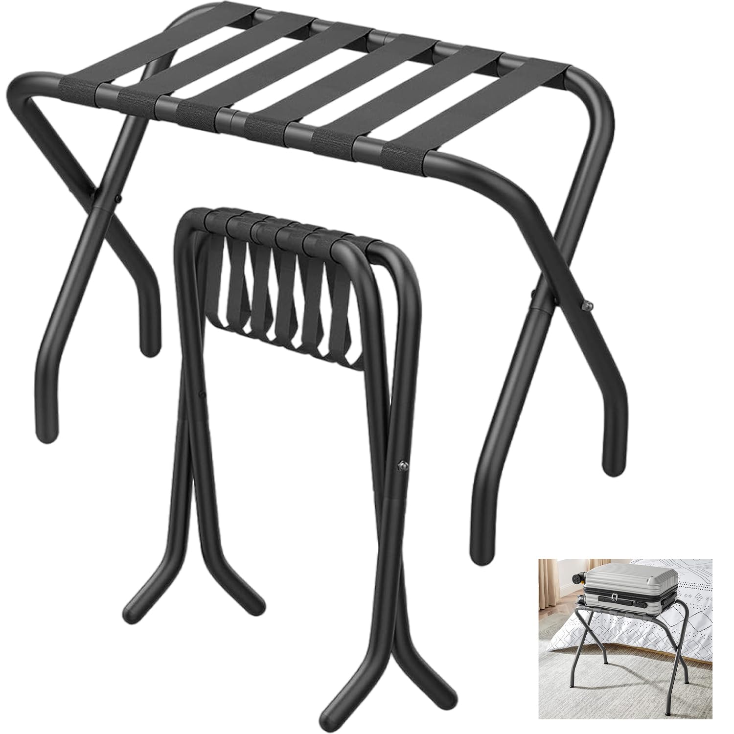 Set di 2 portavaligie pieghevoli con ripiano in metallo, 68 x 38 x 50 cm, portavaligie pieghevole in nero per borse e valigie, portavaligie adatto per camera, albergo