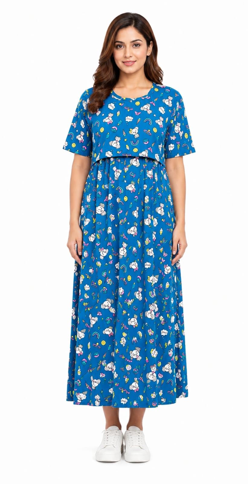 Cotton Flap/Zipless/Pullup Feeding Maternity Nighty for Women Side Pocket and Back Tie (Blue L)-image-43