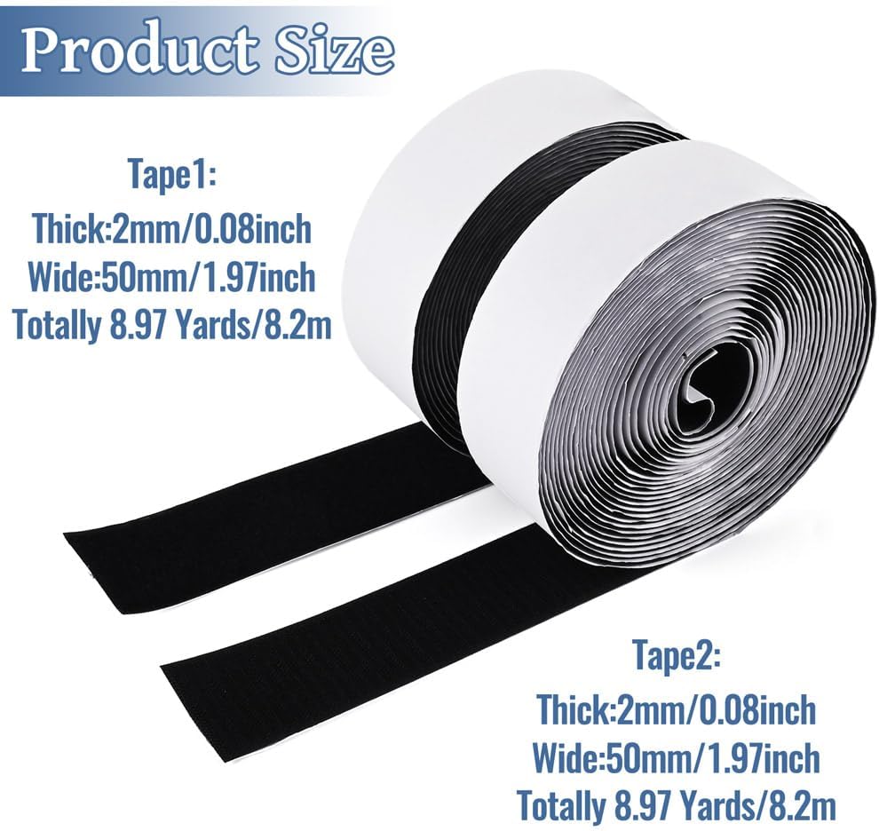 Black Heavy Duty Hook and Loop Tape Adhesive, 26.9Ft x 1.97 Inch Self Adhesive No Sew Removable Nylon & Polyester Fasteners Strip, Non-Slip for Rug Couch Cushion Wall Home Office