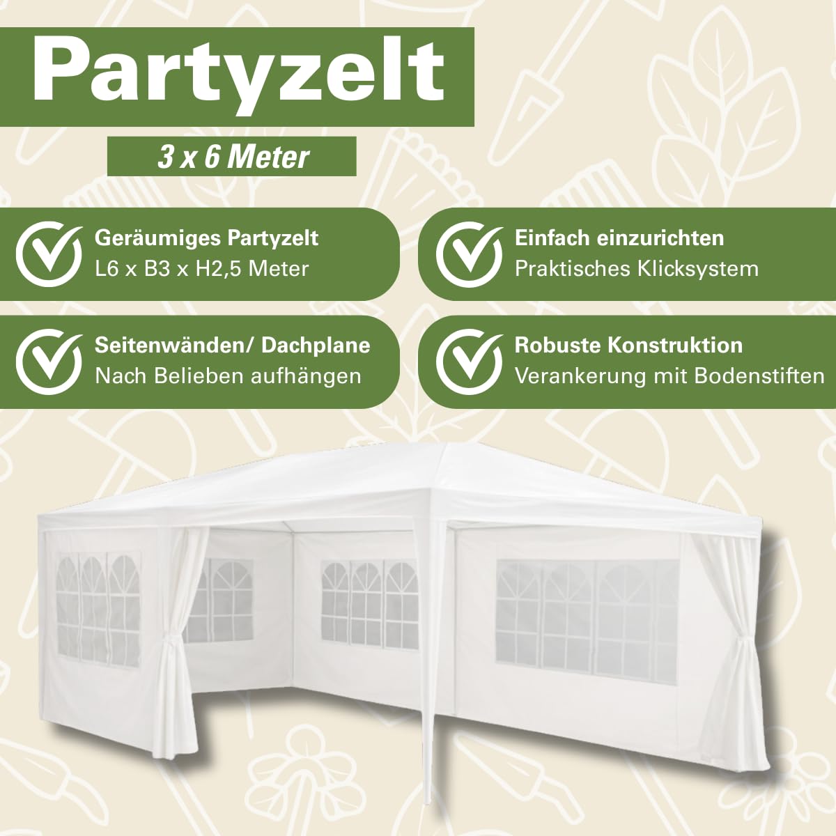 Kinzo Pavillon 3x6 m - Partyzelt für 70 Personen - Gartenpavillon mit 6 Seitenwänden und Firsthöhe 2,5 m - Party Zelt Wasserdicht und UV-beständig - Weiß