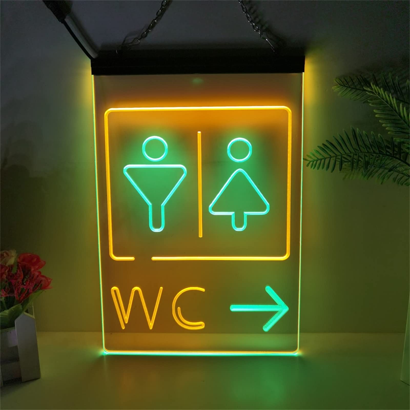Letrero de neón LED WC go right, luces de neón grabadas en 3D de doble color USB personalizadas, para guía de entrada de baño de centro comercial colgante regulable decorativo,Green yellow,40x30cm