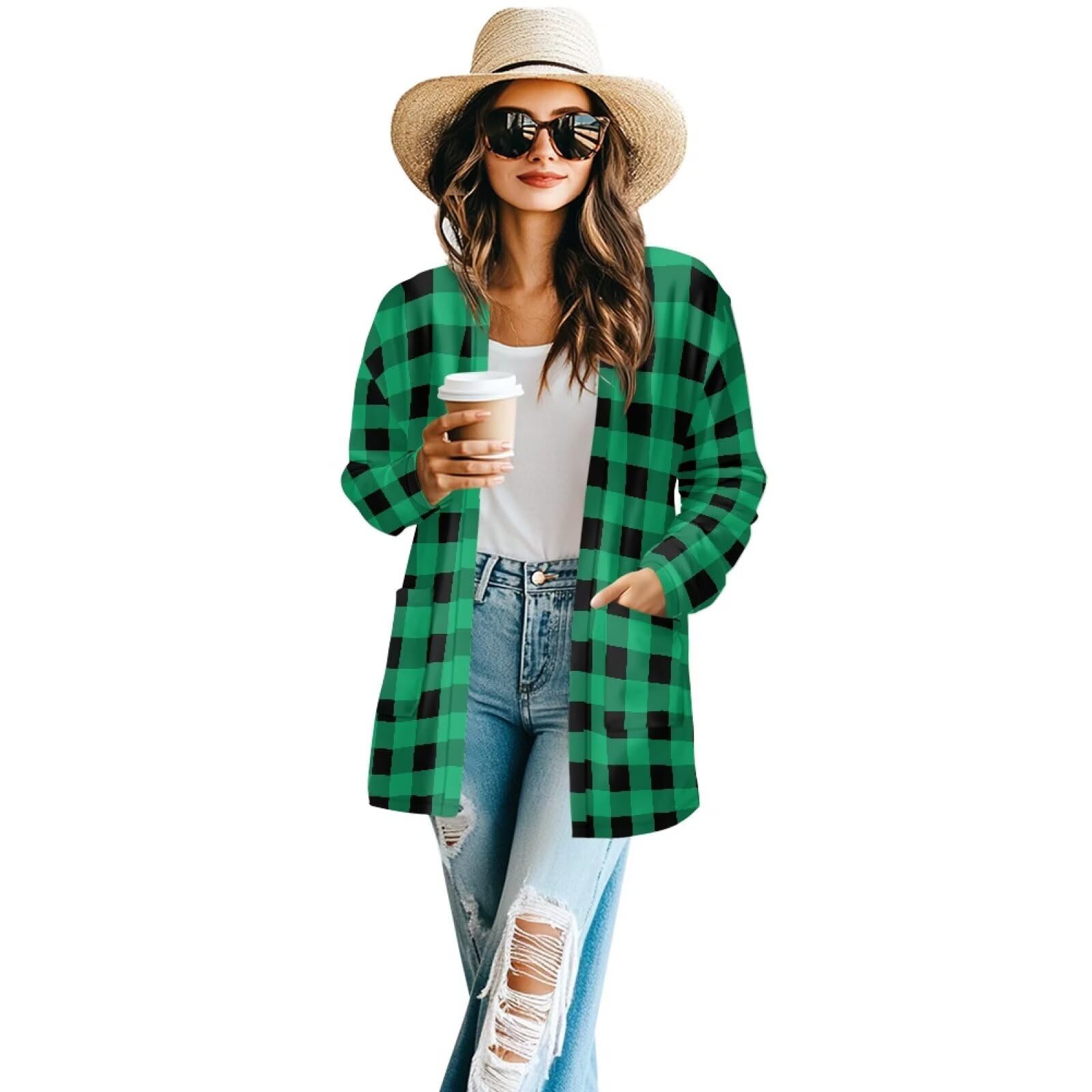 Women's Aztec Open-Front Jacket Lightweight Casual Outerwear Native Western Aztec Pattern &amp; Plaid Houndstooth Print