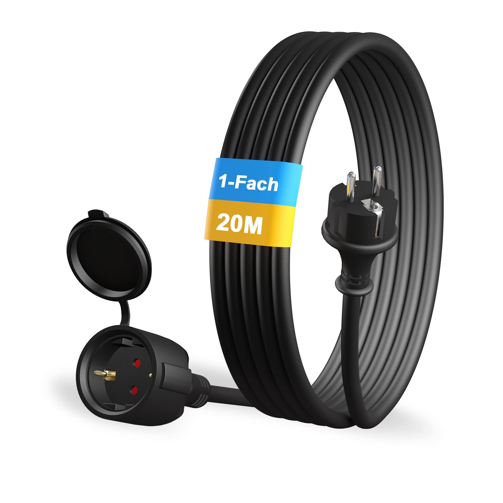 Prolunga da 20 m, in gomma per esterni, con spina Schuko, per esterni, IP44, cavo di prolunga H05RR-F 3G, 1,5 mm², 3500 W, cavo elettrico esterno con cappuccio protettivo, nero