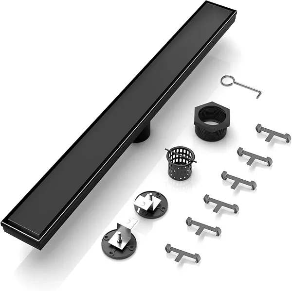 BARONAGE 24 Inch Linear Shower Drain, Rectangle Shower Floor Drain Reversible 2-in-1 Tile Insert Cover, 304 Stainless Steel Bathroom Drains with Hair Catcher and Leveling Feet (Matte Black)