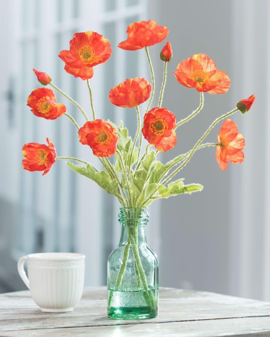 Petals - California Poppies Silk Flower Arrangement in Green Glass Bottle - Flame Colored Poppies - 16" Height x 12" Width