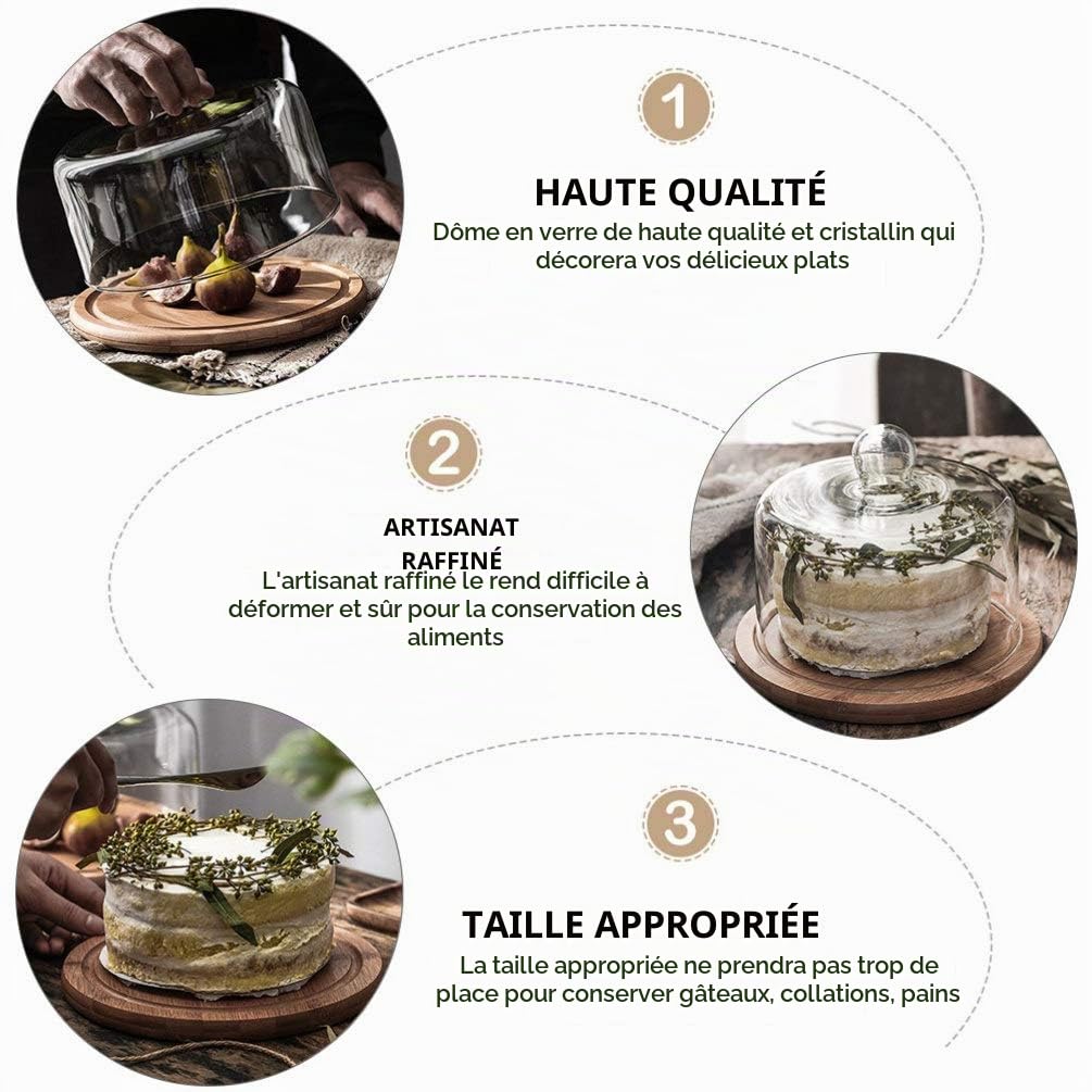 Cabilock Cloche Alimentaire En Verre Avec Plateau Rond 9.25 Pouces Couverture De GâTeau Protectrice Pour Buffet RéCeption FêTe