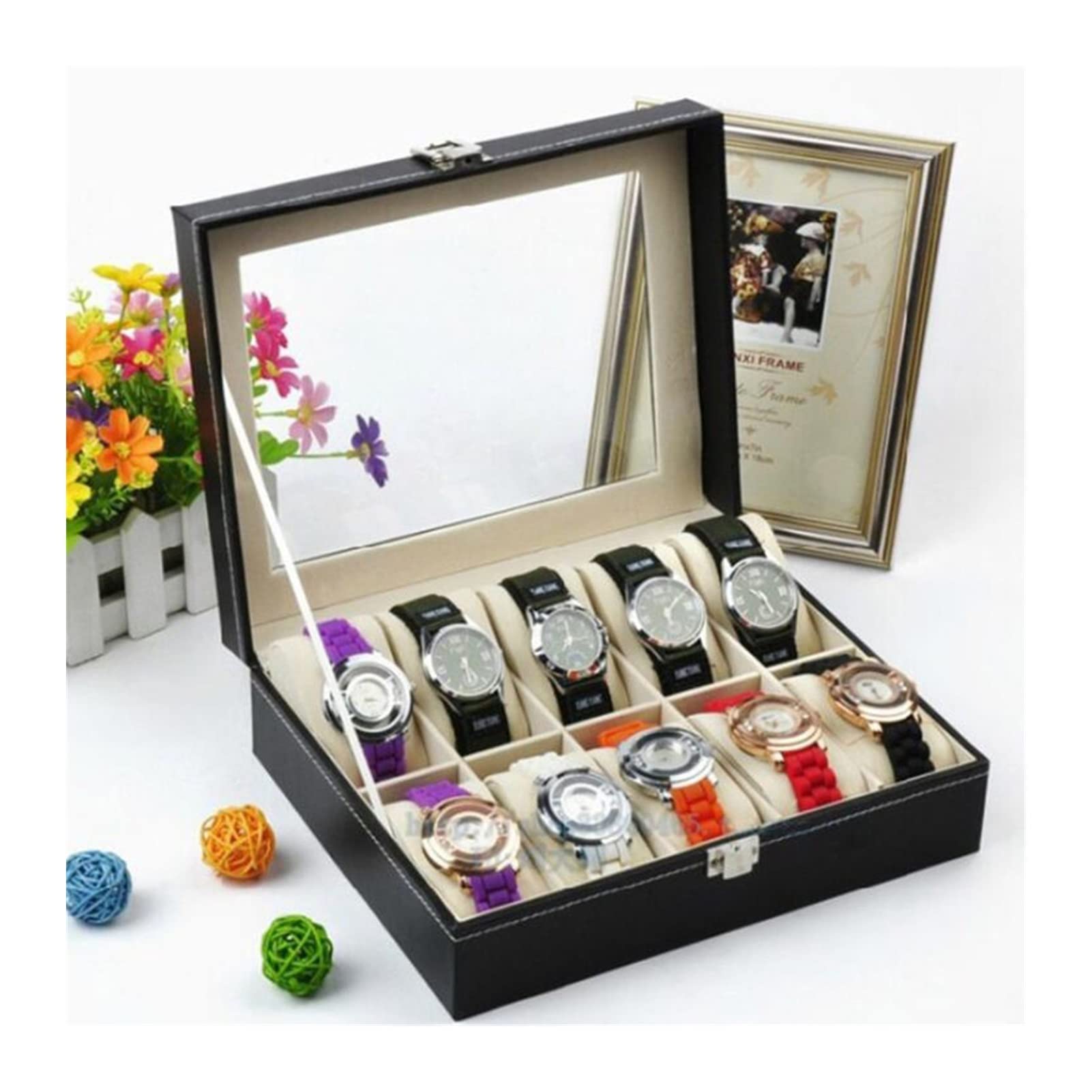 Scatola per orologi 10 slot. PU. Display dell'organizzatore della custodia della scatola dell'orologio in pelle con cuscini morbidi for gli uomini donne, scatole di gioielli display Cofanetti Orologi