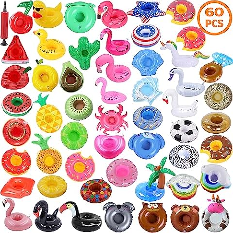 60 Pcs Inflatable Drink Holders Bulk Pool Drink Floats Cup Holder with Pump for Swimming Pool Party Cover