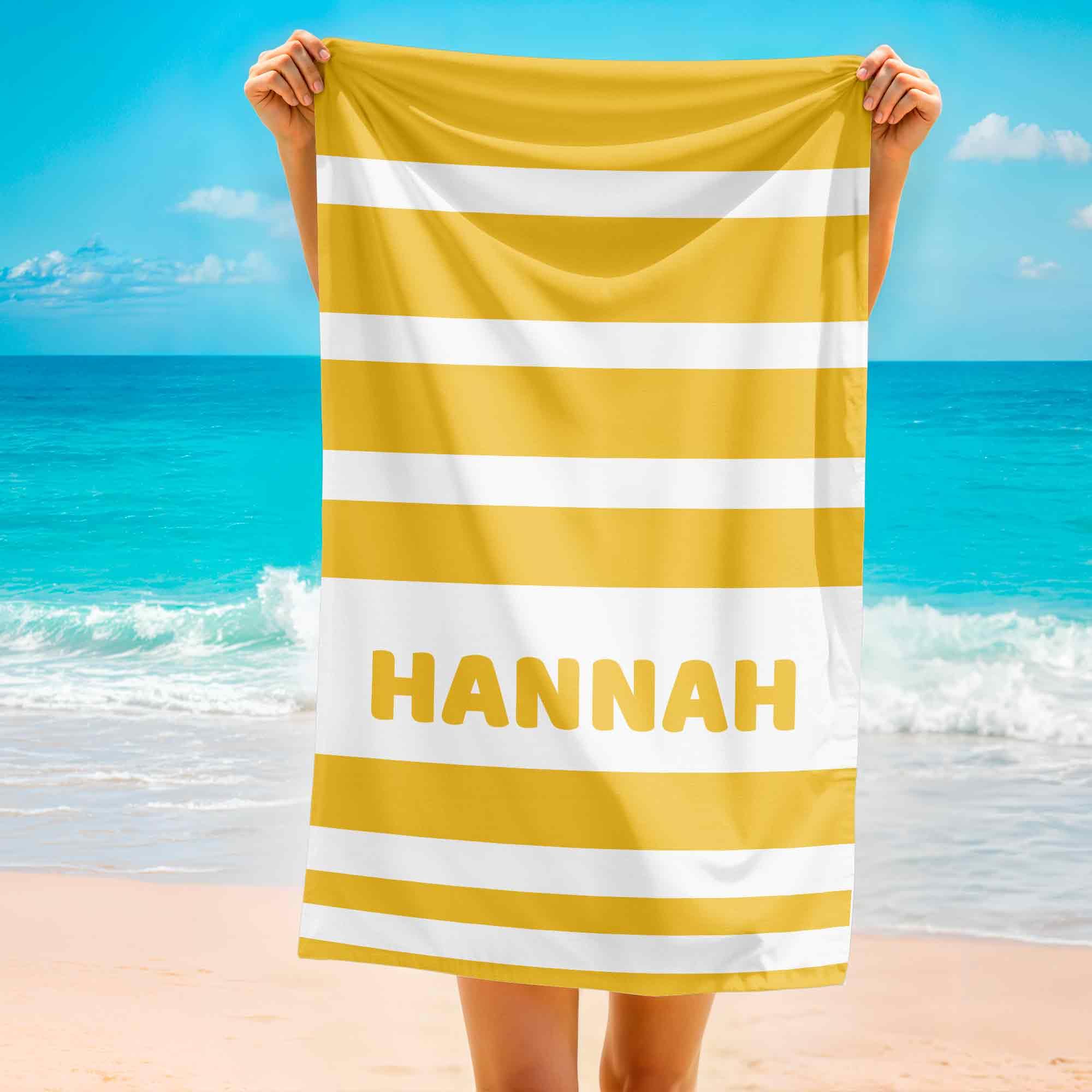 Print Maniacs Personalised Name Beach Towel Microfibre Quick Dry Large Lightweight Travel Towel Striped Design Sand Free Holiday Pool Gym Spa Towels for Adults Kids Custom Gift