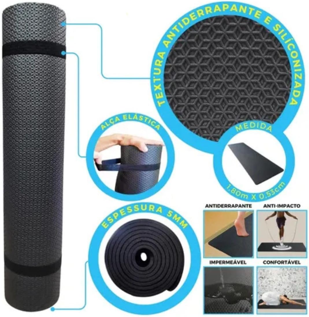 Tapete de Yoga em EVA com Alça de Transporte 170x60 cm Preto Ideal para Exercícios e Meditação