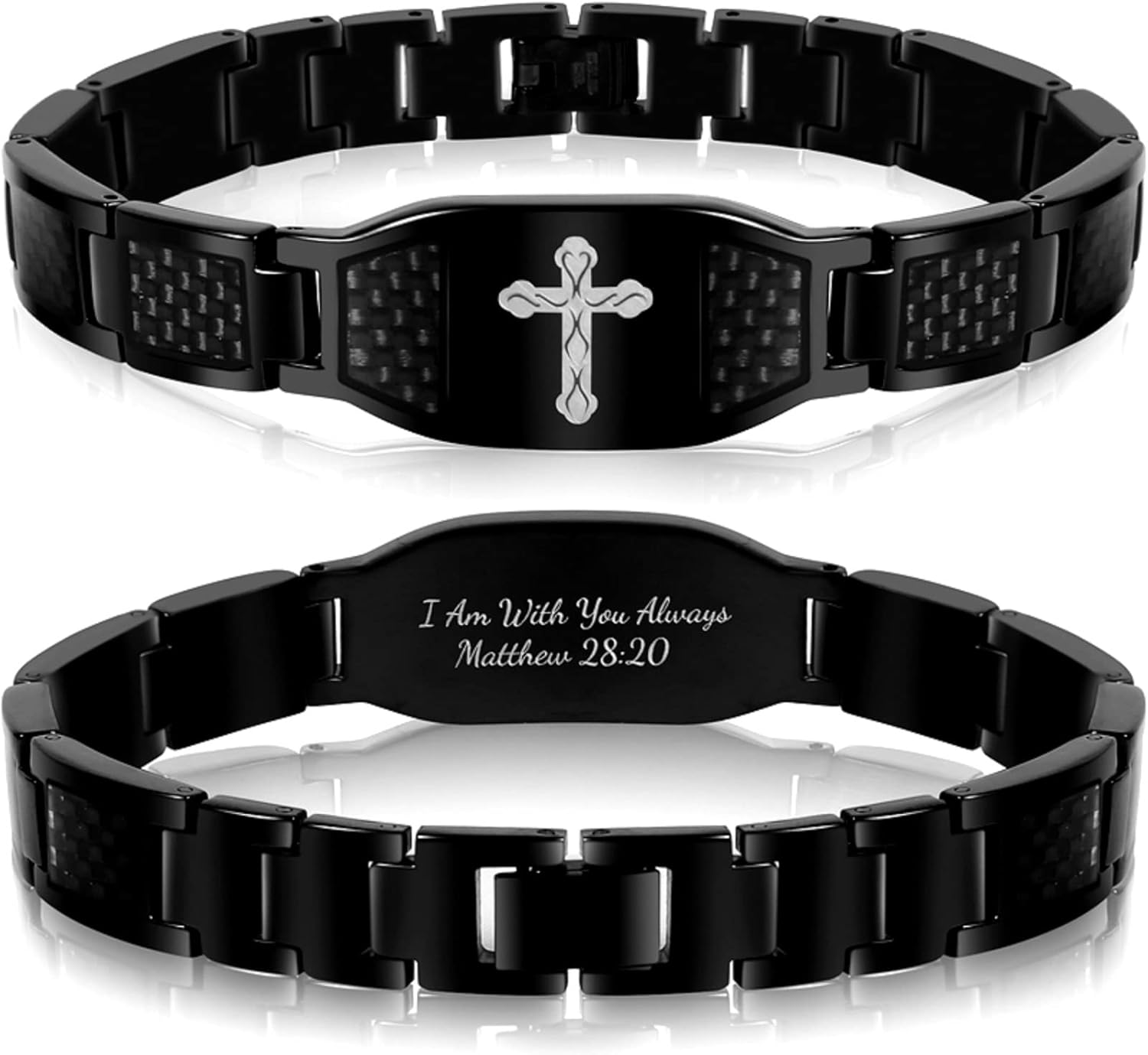 Religious Bible Verse Bracelet, Stainless Steel Engraved Inspirational Christian Quote Faith Link Bracelet, Carbon Fiber Cross Jewelry Gift for Men