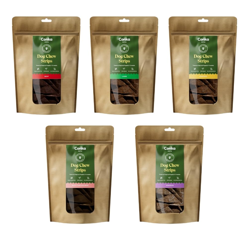 Conka Pets Dog Treats Chew Strips, 100% Natural Strips (250 g) - Dog Chews Treats, Hypoallergenic, Grain, Gluten & Lactose Free for Small to Large Dogs and Puppies (5 x Mixed Flavours, Mixed) โ image 1