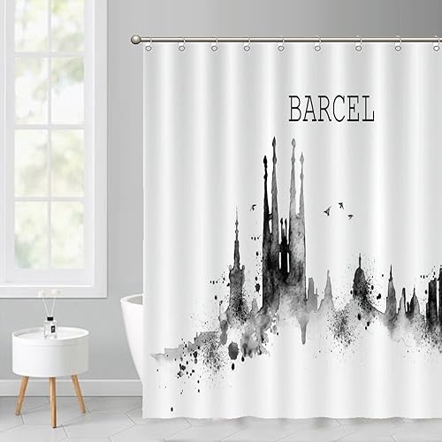 Miniatura 4 de Rimego Shower Curtain Set with 12 Hooks - Skyline Barcel White and Black Waterproof Polyester Fabric Shower Curtain for Modern Home Bathroom