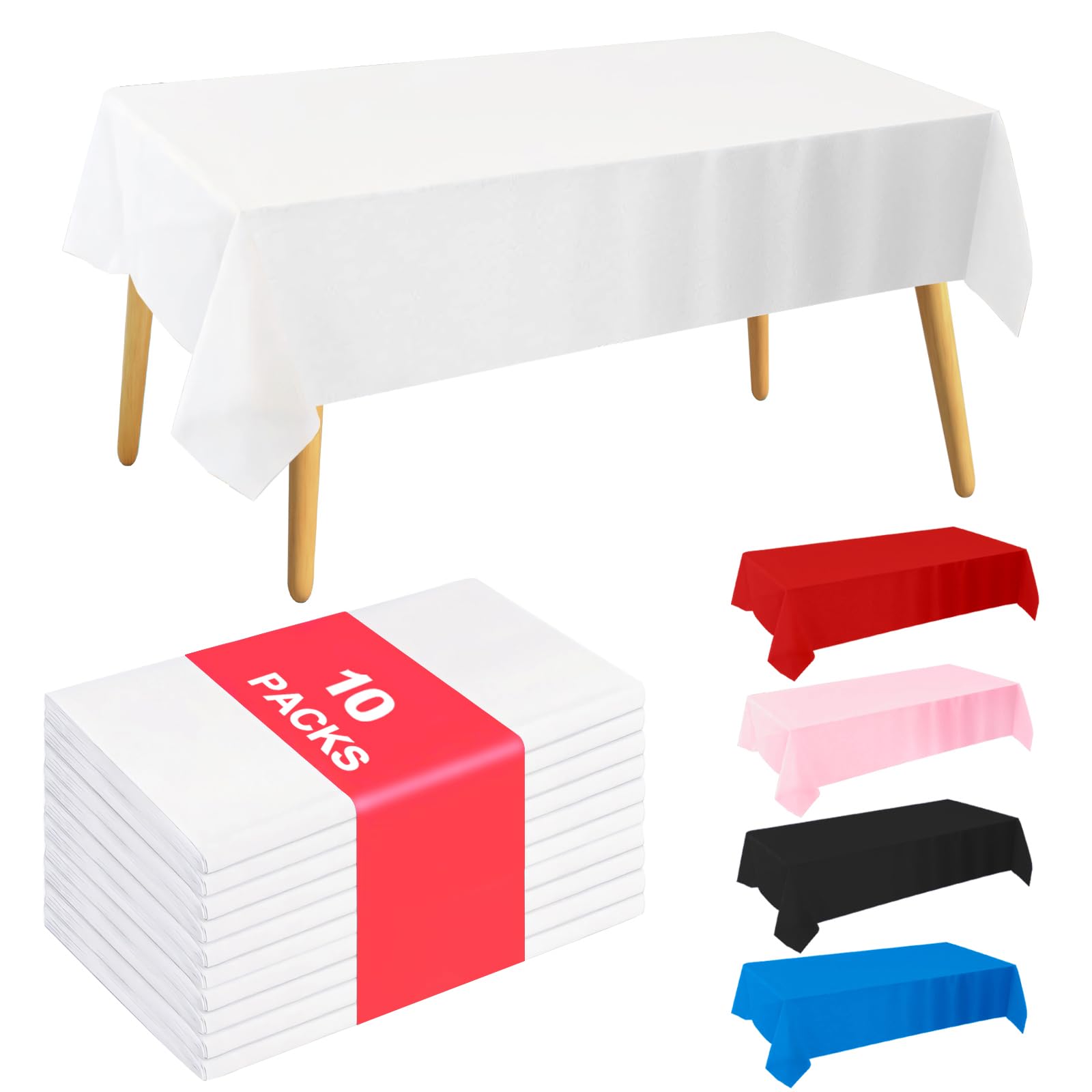 Tovaglia usa e getta, confezione da 10, 137 x 274 cm, in plastica impermeabile, rettangolare, per feste, matrimoni, riunioni, campeggio, picnic, colore bianco