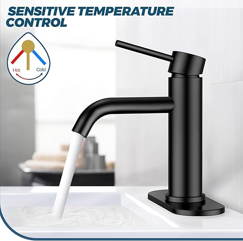 Miniatura 4 de FORIOUS Grifo de baño de 1 agujero, grifo de lavabo de baño negro mate con montaje de drenaje desplegable de metal, juego de grifo de tocador de un