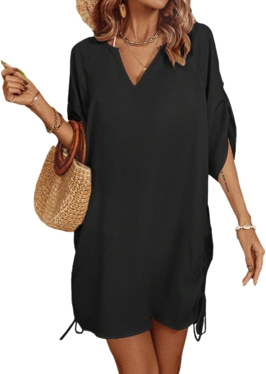 Women Swimsuit Cover Up Drawstring Side Roll Up Sleeve Cover Up Dress,Summer Beach
