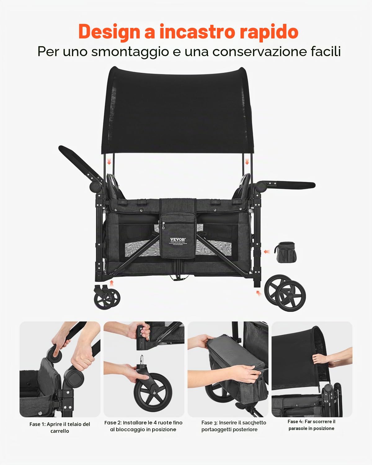 VEVOR Passeggino a Quattro Posti per 4 Bambini, Pieghevole con Maniglia Regolabile, Imbracatura di Sicurezza Tettuccio Rimovibile, Passeggino Comodo, Grigio Scuro e Nero, Carico 150 kg
